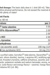 Nutritional information for Amix CellUp® SHOT showing ingredients and dosages in a table format.